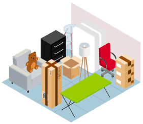 Isometric view of a room with furniture, boxes, a chair, and a teddy bear.