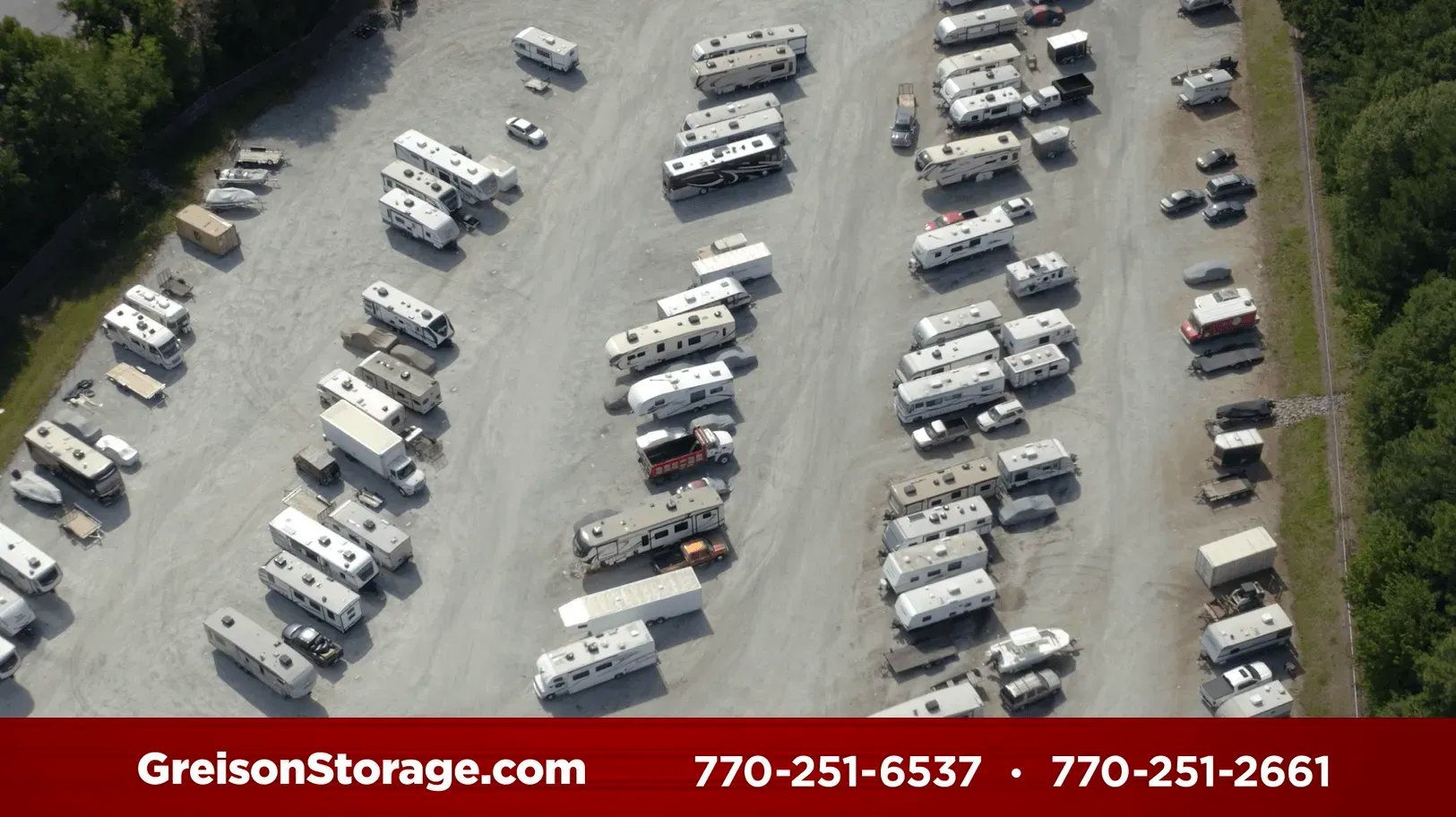 Aerial view of RVs parked in an outdoor storage facility. Red text: GreisonStorage.com, phone numbers.