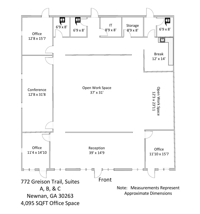 Floor plan of an office space in Newnan, GA, showing rooms like offices, conference, break room, and open workspace.
