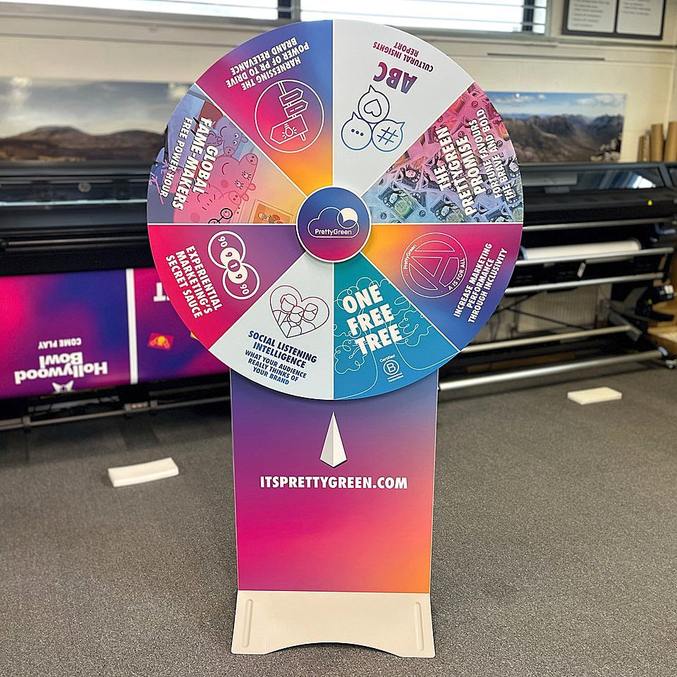Branded prize wheel with custom branded graphics