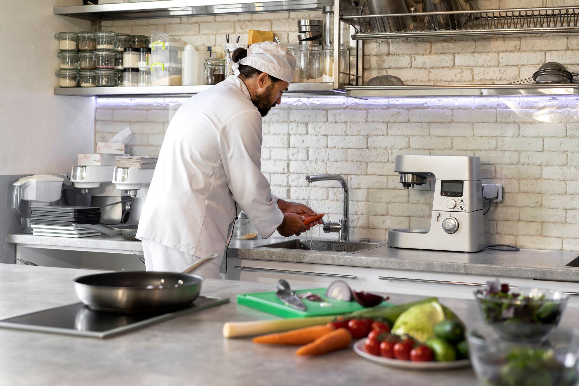 Chef washing hands at a sink in a commercial kitchen with various vegetables on a counter.