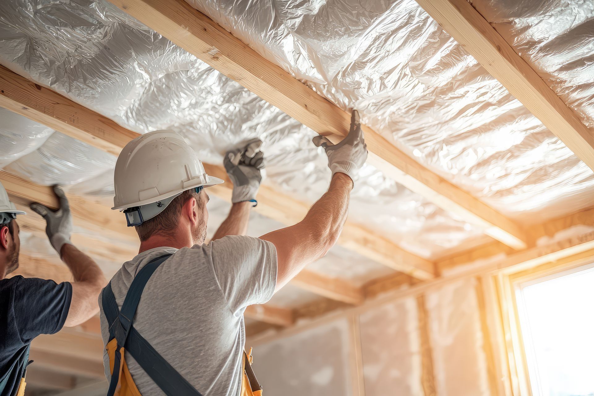 Two men are insulating the ceiling of a house.