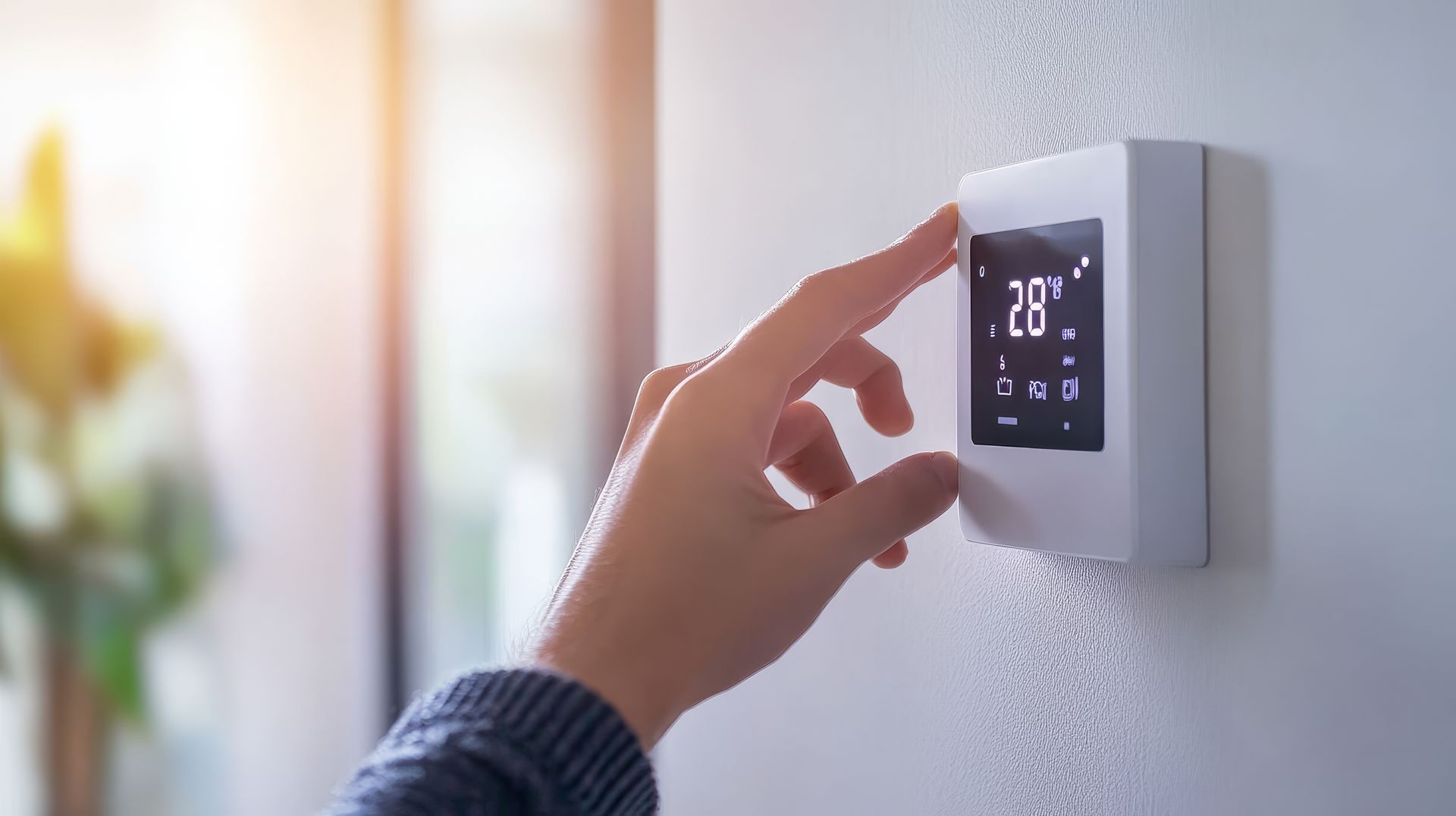 A person is adjusting a thermostat on a wall.