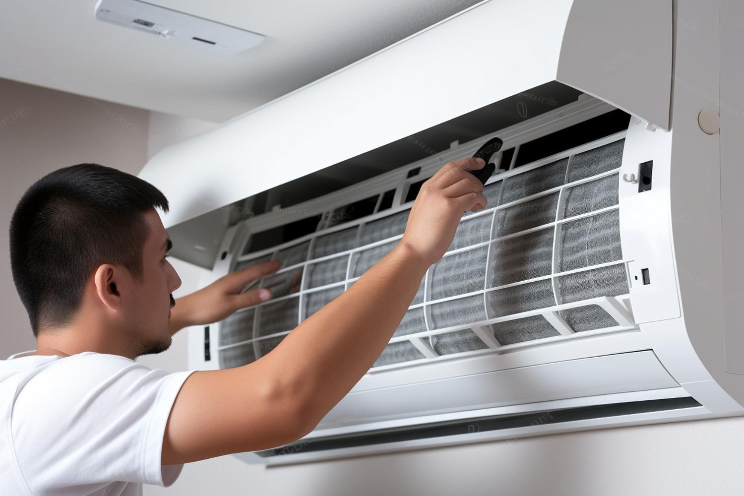 A man is cleaning the filter of an air conditioner.