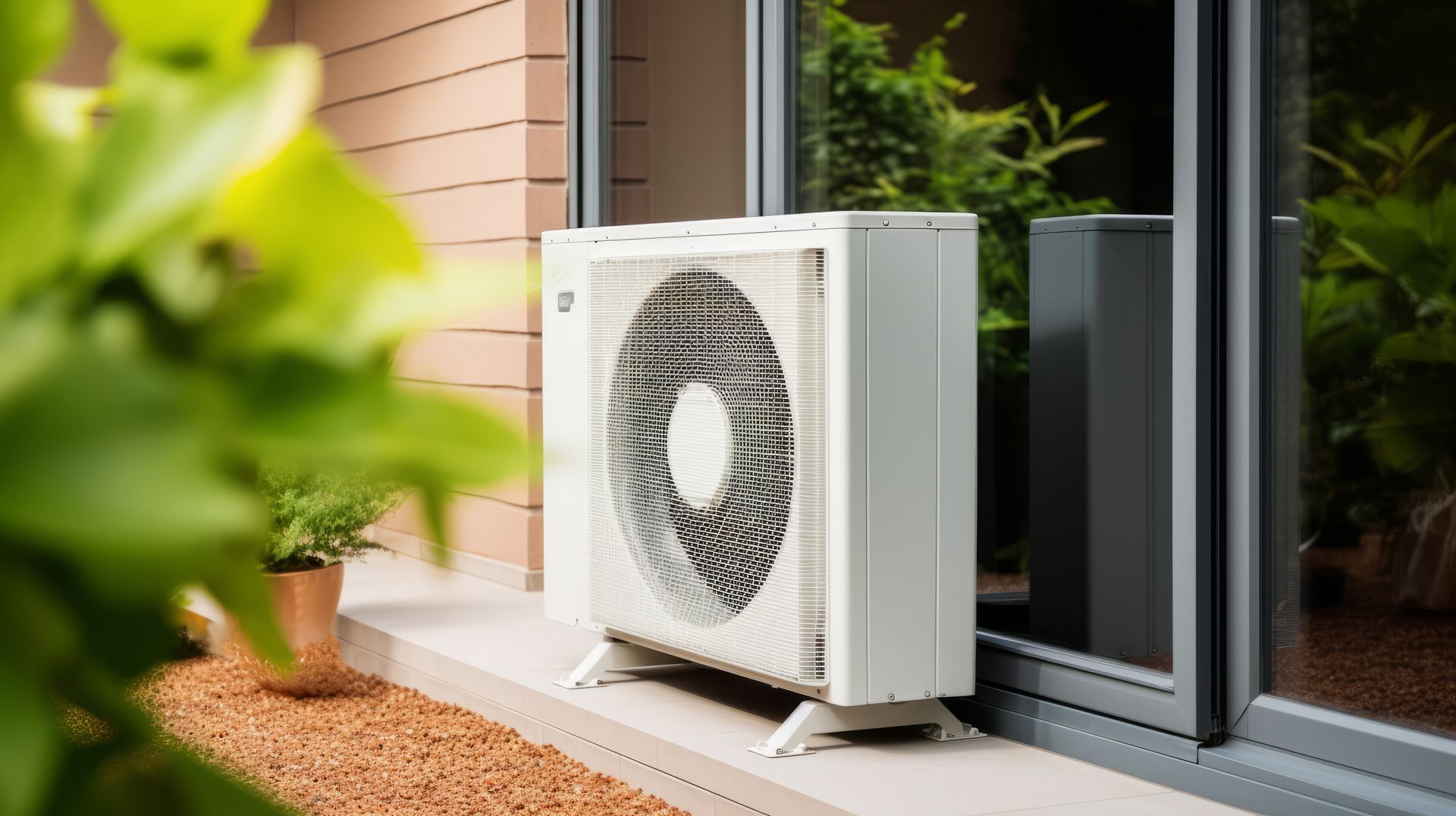 A white air conditioner is sitting on the side of a building next to a window.