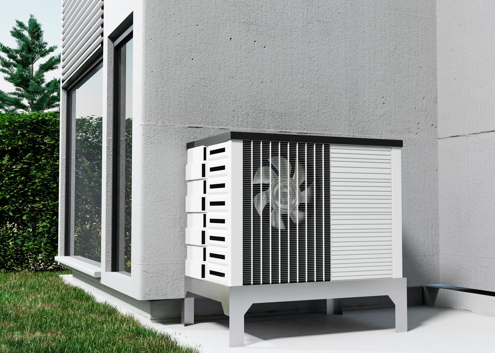 A black and white air conditioner is sitting on the side of a building.