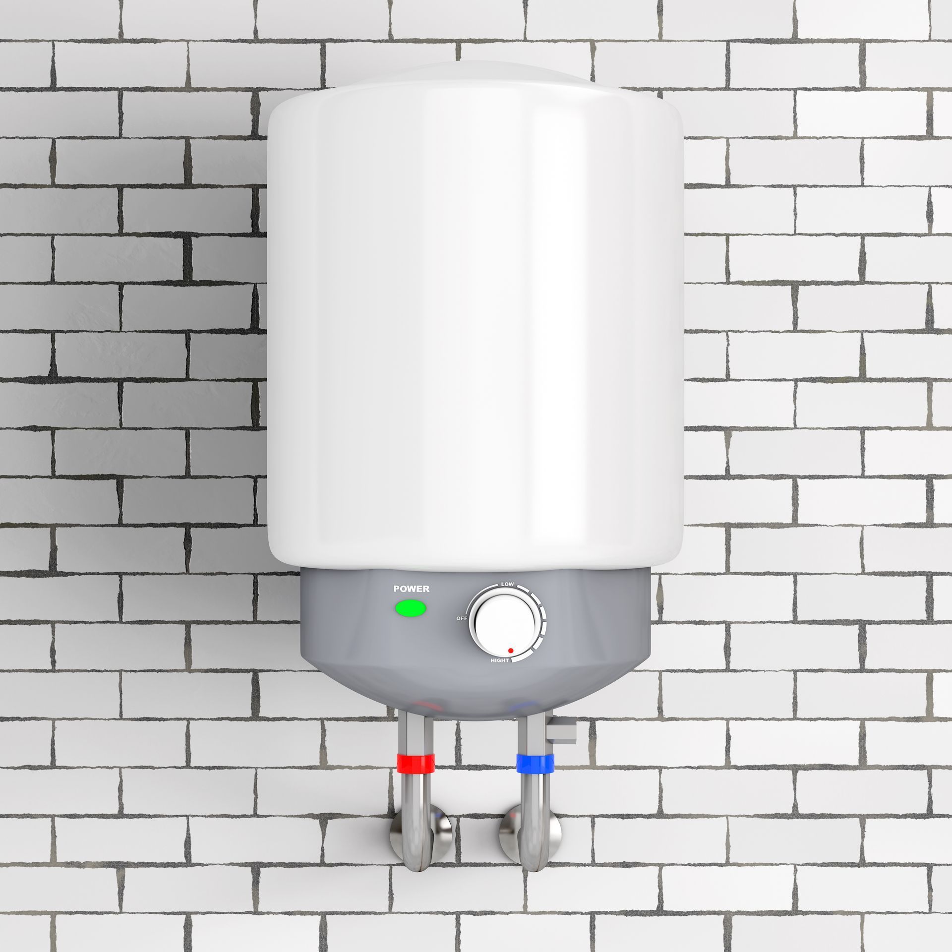 A water heater is hanging on a white brick wall.