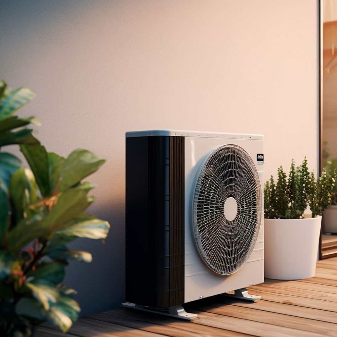 A fan is sitting on a wooden deck next to a window.