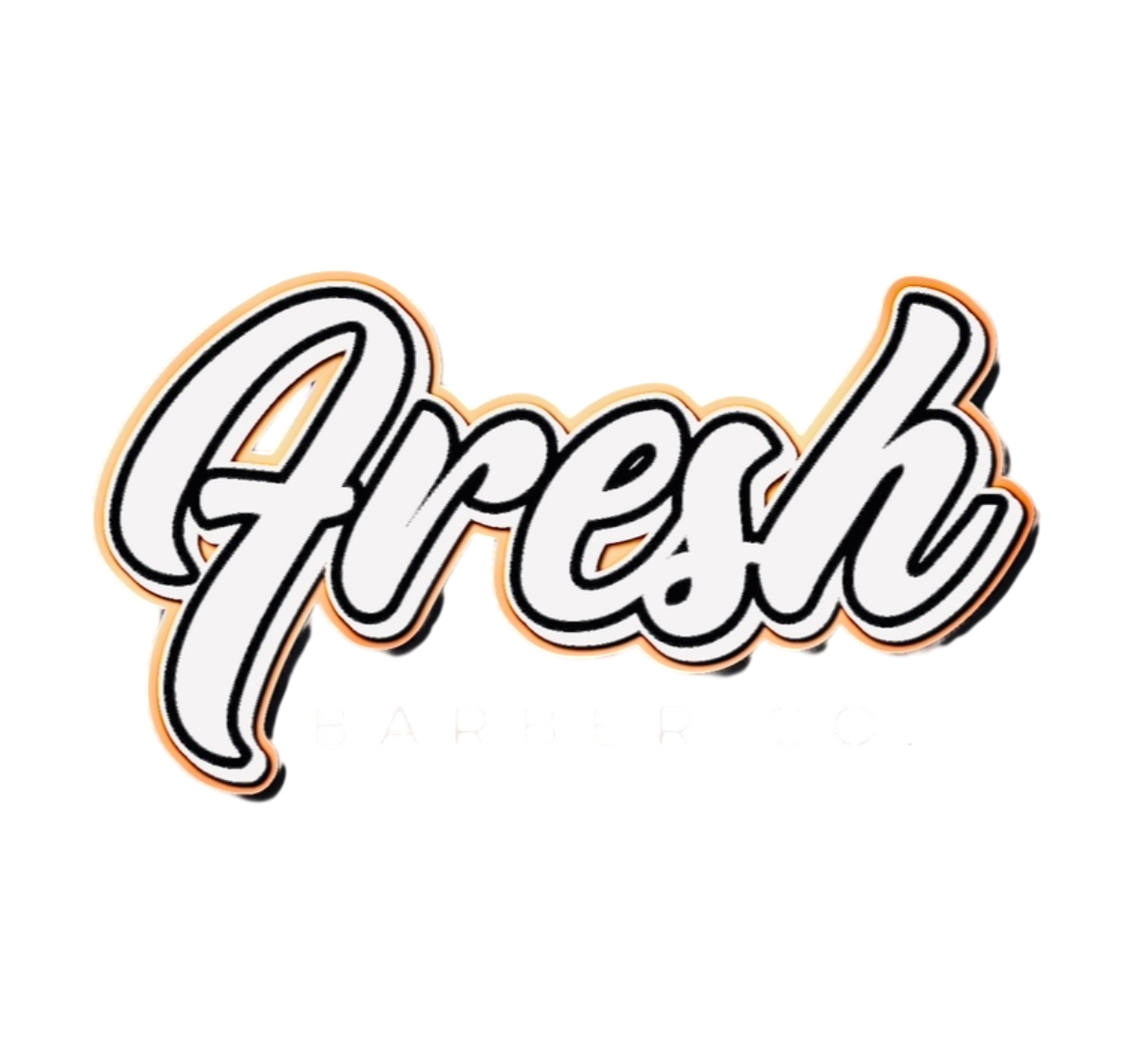"Fresh" in cursive script, white letters with black outline and orange shadow.