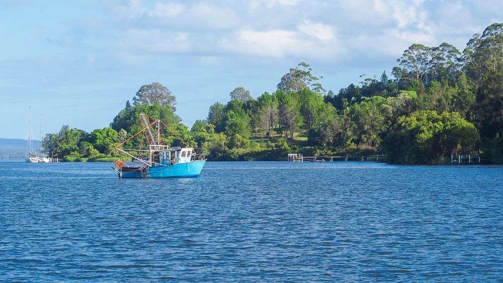 A Blue Boat is Floating on Top of a Large Body of Water — Doggy Diva Grooming In Maclean, NSW