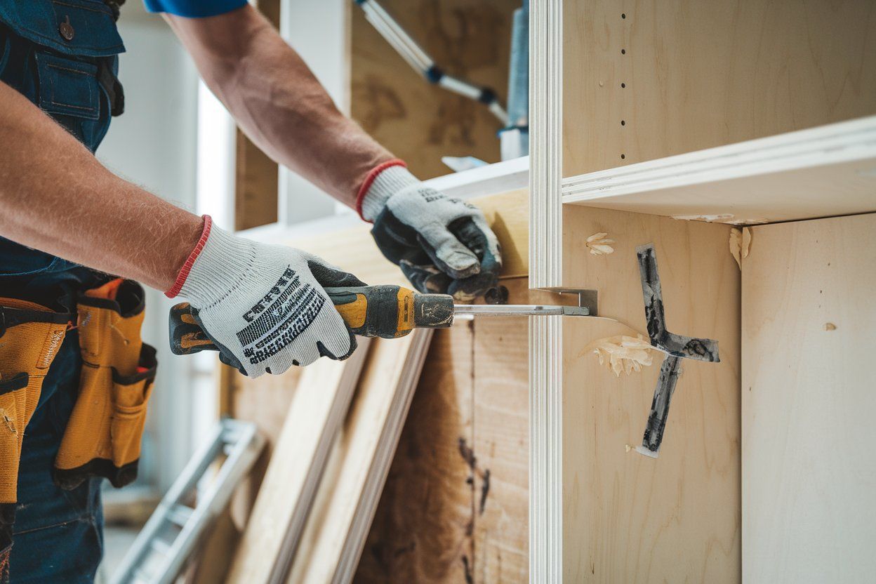 A kitchen under construction with white cabinets and a circular saw on the floor.