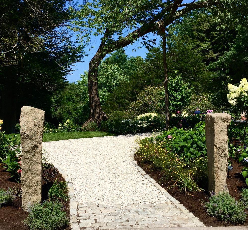 A garden with flowers and a fountain in the background