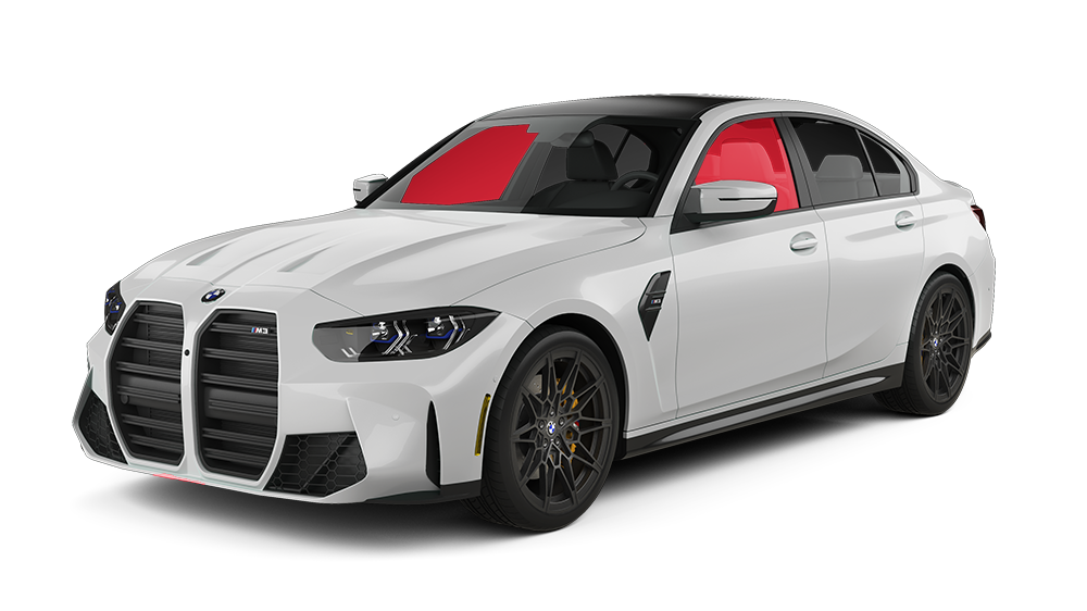 White BMW M3 sedan with black accents, tinted windows.