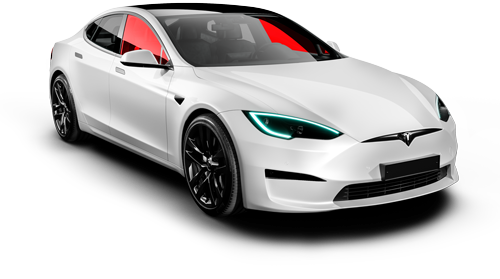 A white tesla model s with a red window