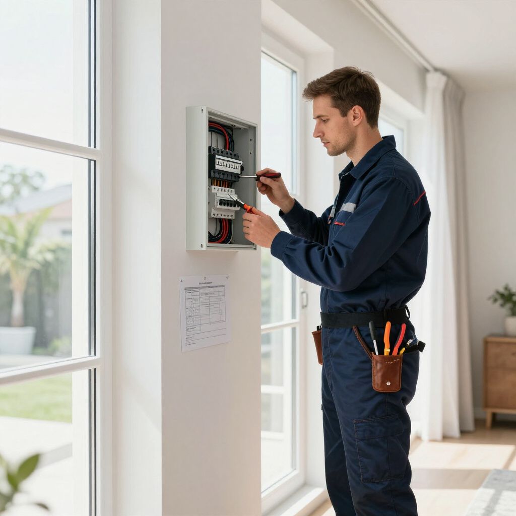 Electrician in blue coveralls works on a circuit breaker box on a white wall near a window.