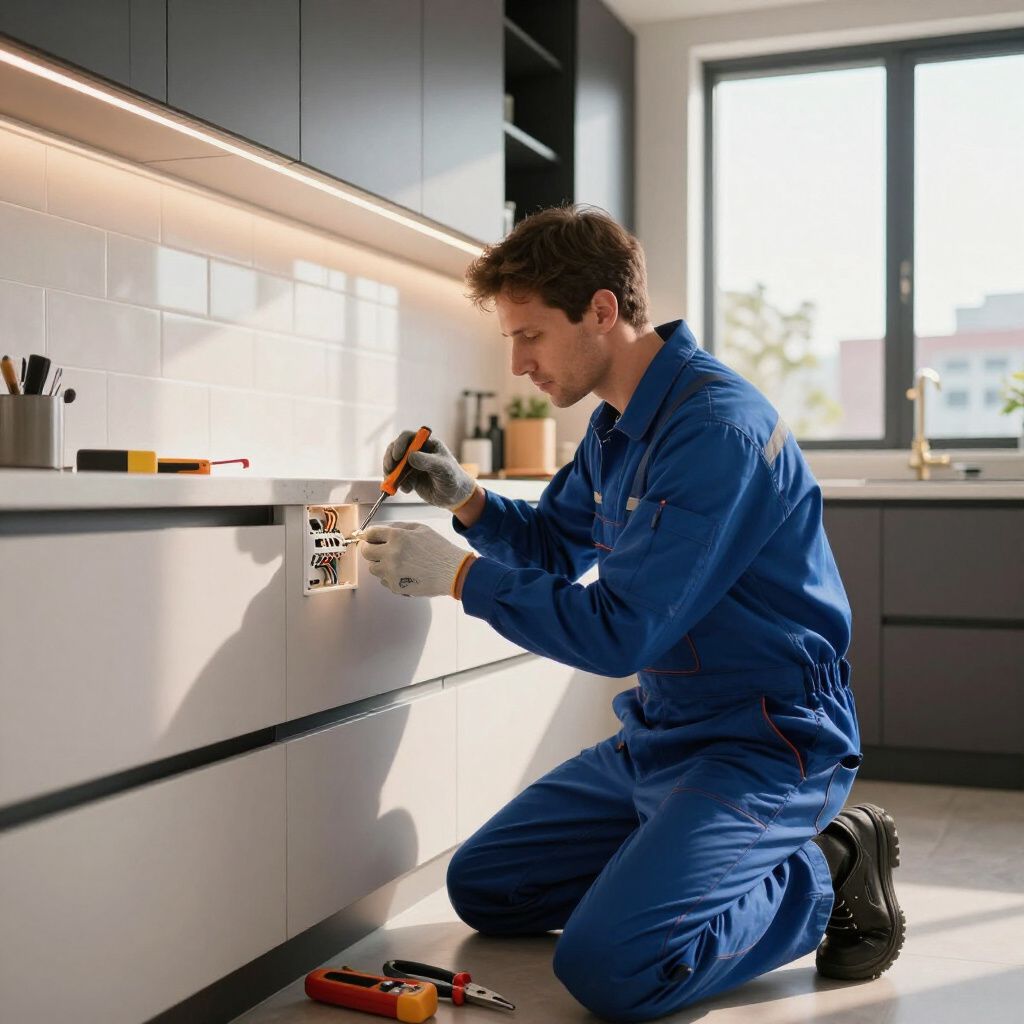 Electrician in blue jumpsuit kneels, working on an outlet in a modern kitchen.