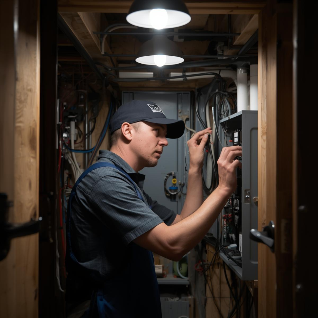 Man in cap working on electrical panel in a dimly lit utility room with exposed wires.