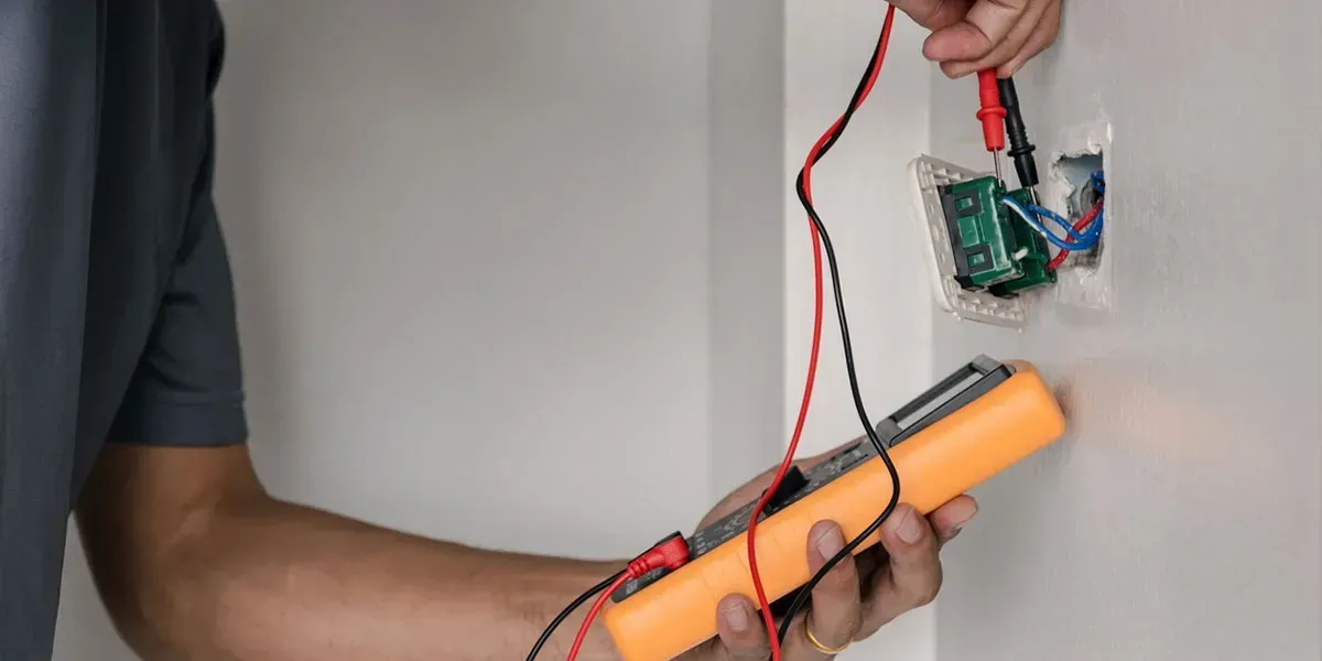 Person using a multimeter to test electrical wiring in a wall.