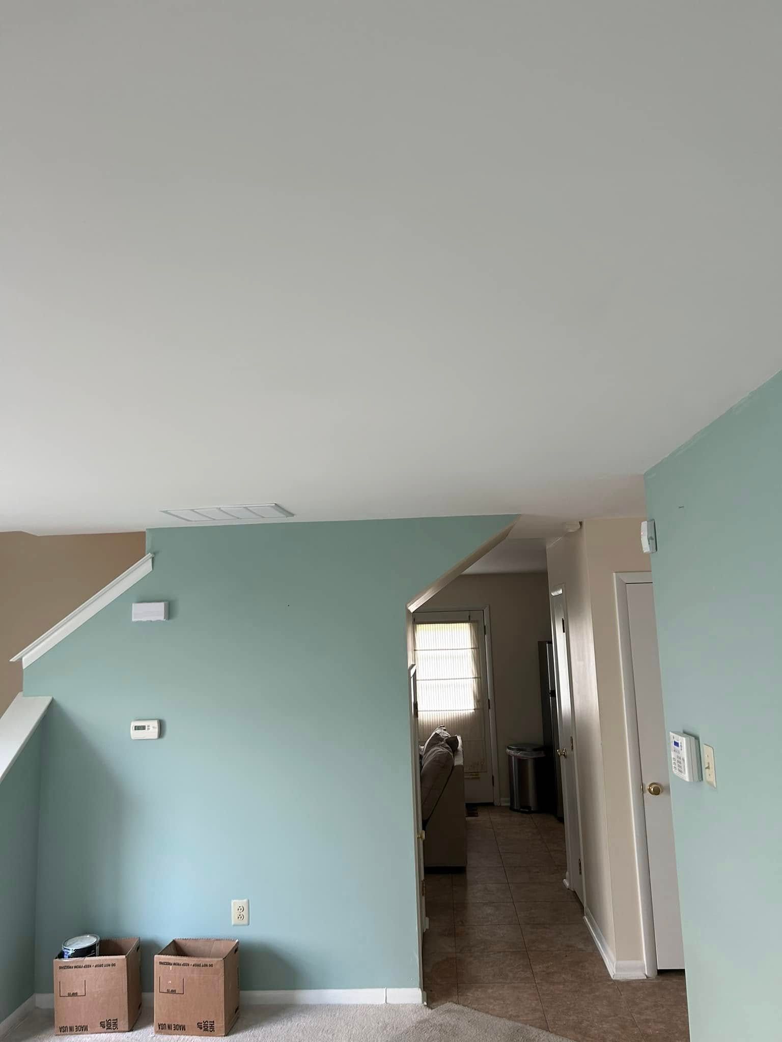 A living room with blue walls and a white ceiling.