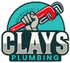 Logo for Clay's Plumbing with a hand gripping a red wrench against a teal half-circle and the name 