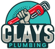 Logo for Clay's Plumbing with a hand gripping a red wrench against a teal half-circle and the name 