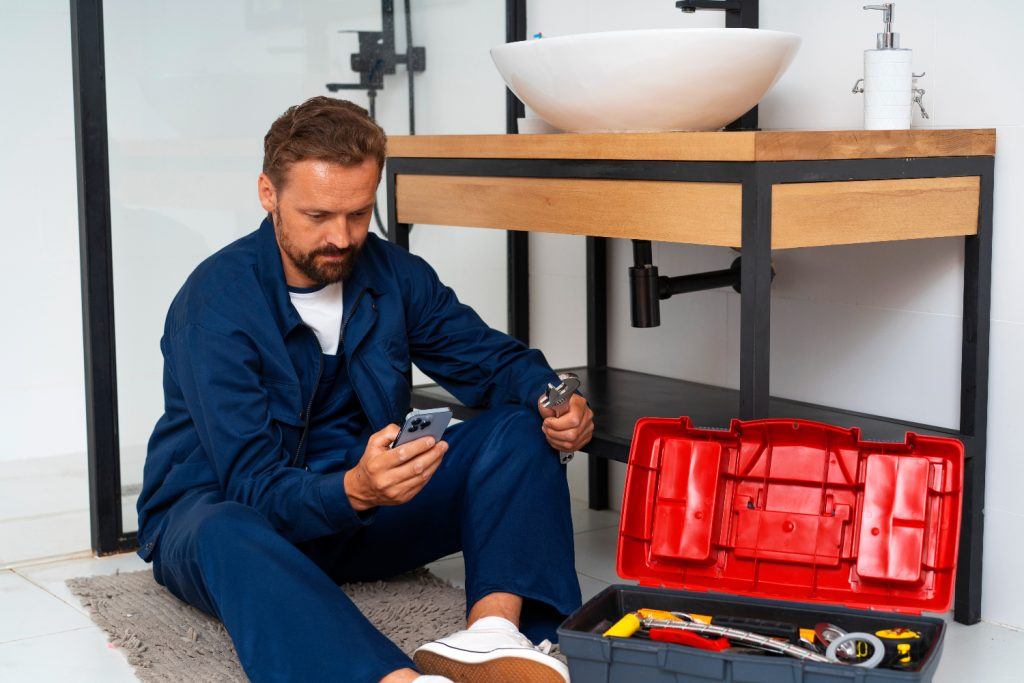 Plumber in blue overalls looking at phone, holding wrench, near open toolbox, sink, bathroom setting.