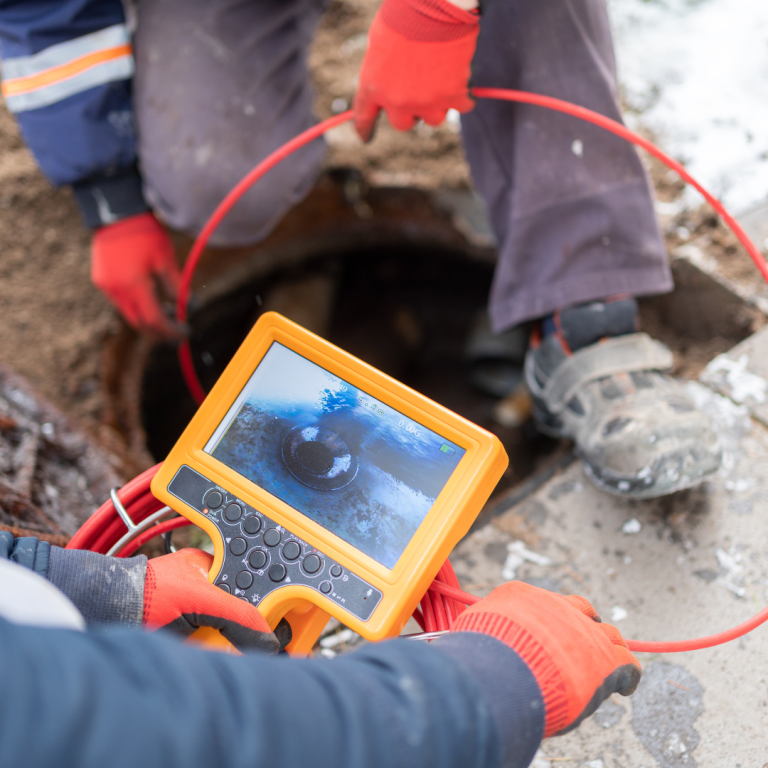 Worker inspecting a sewer with a camera monitor. Orange gloves, red cable, manhole.