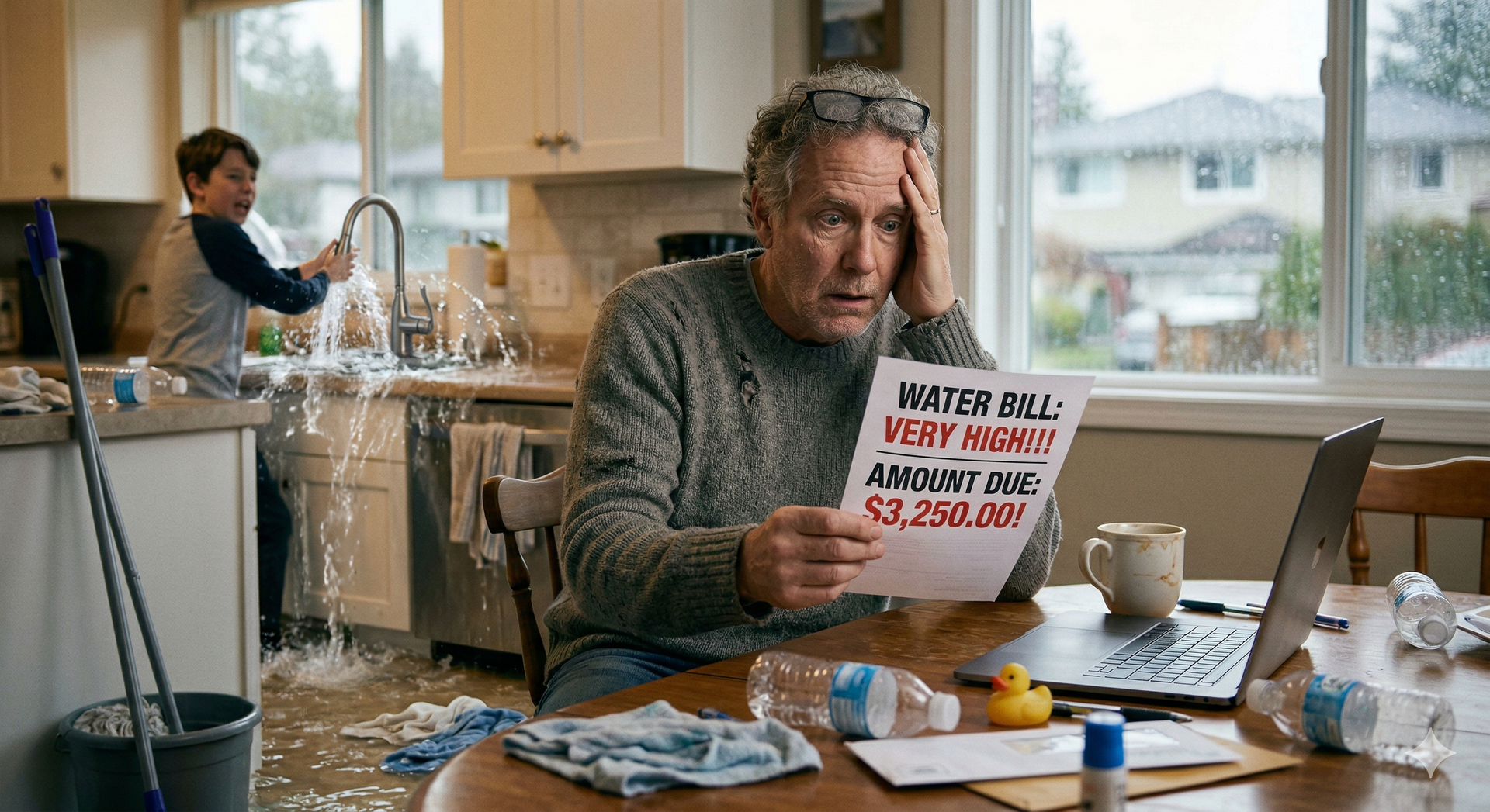 A distressed person holds a bill for $3,250,000 as a child plays with an overflowing kitchen sink behind them.