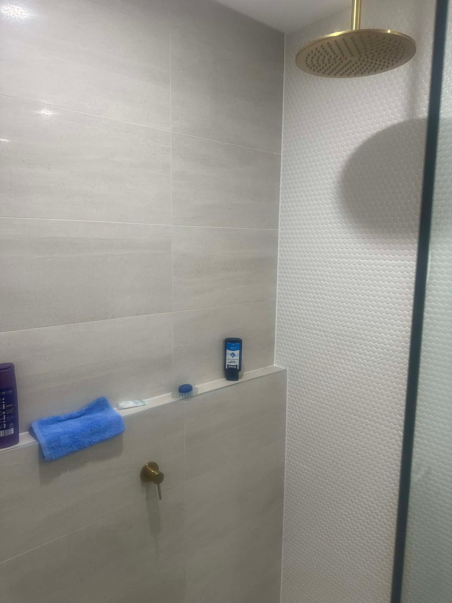 Bathroom shower with tiled walls, gold showerhead, blue sponge, and soap on a shelf