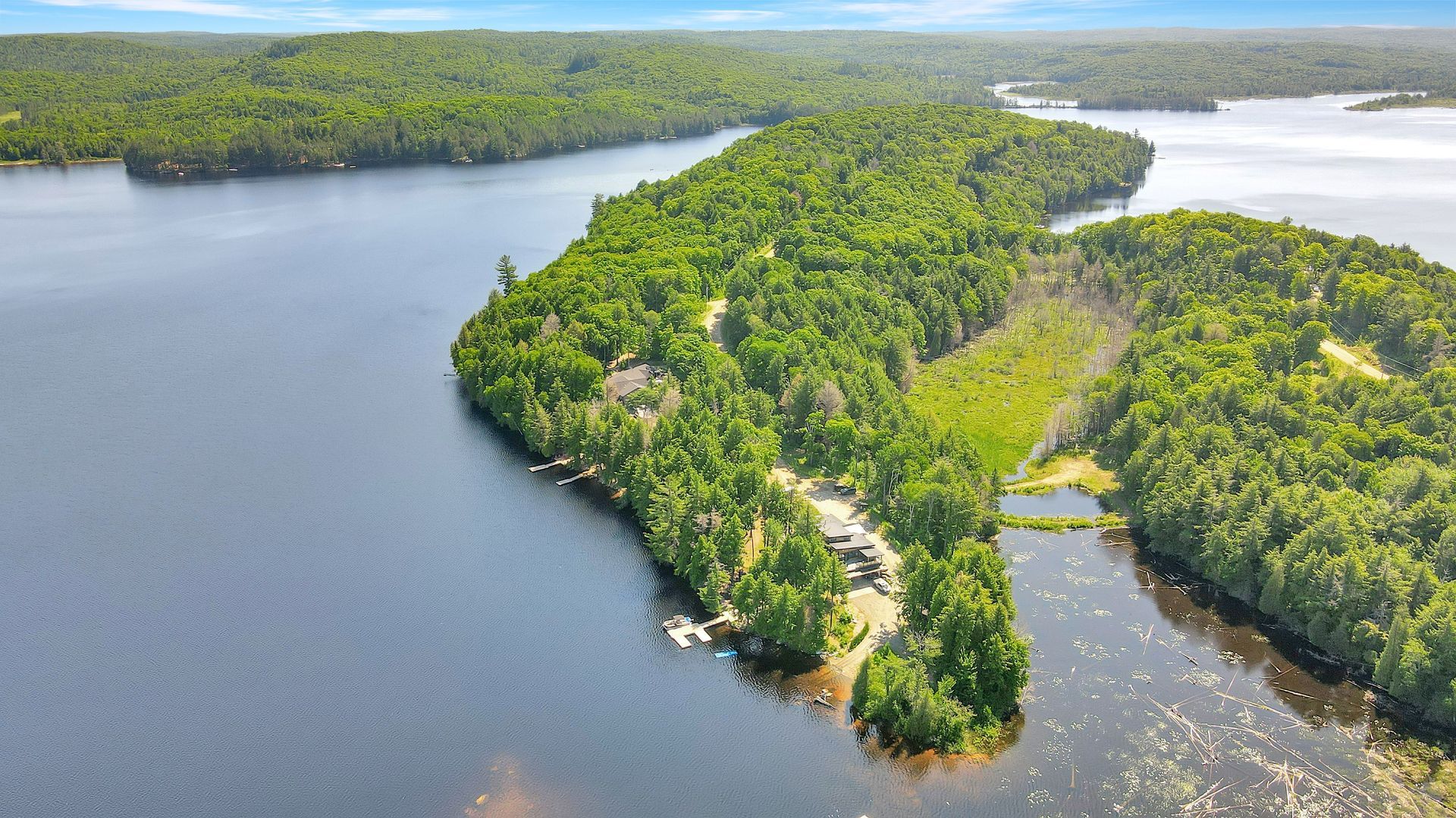 An aerial view of a small island in the middle of a lake