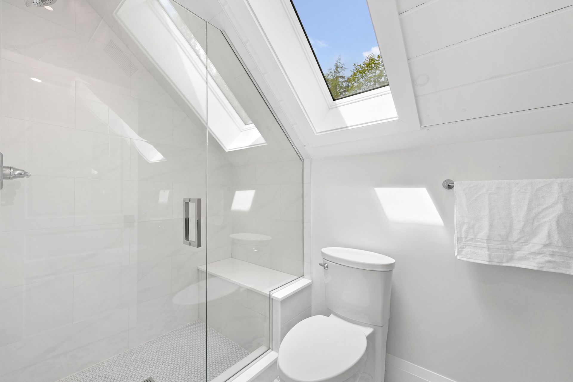 Bright white bathroom with glass shower, skylight, and toilet beside a towel rack