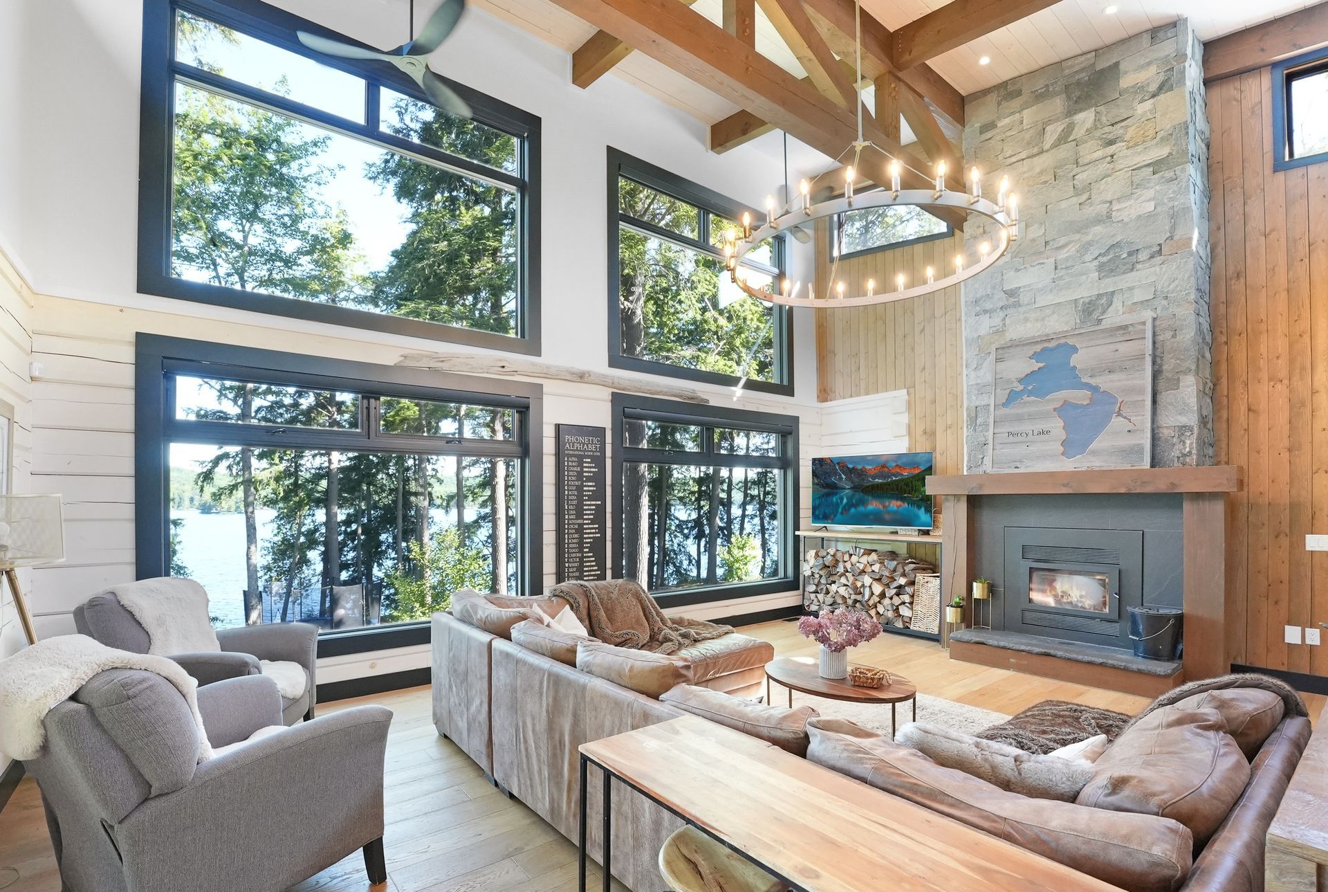 A living room with a fireplace and lots of windows