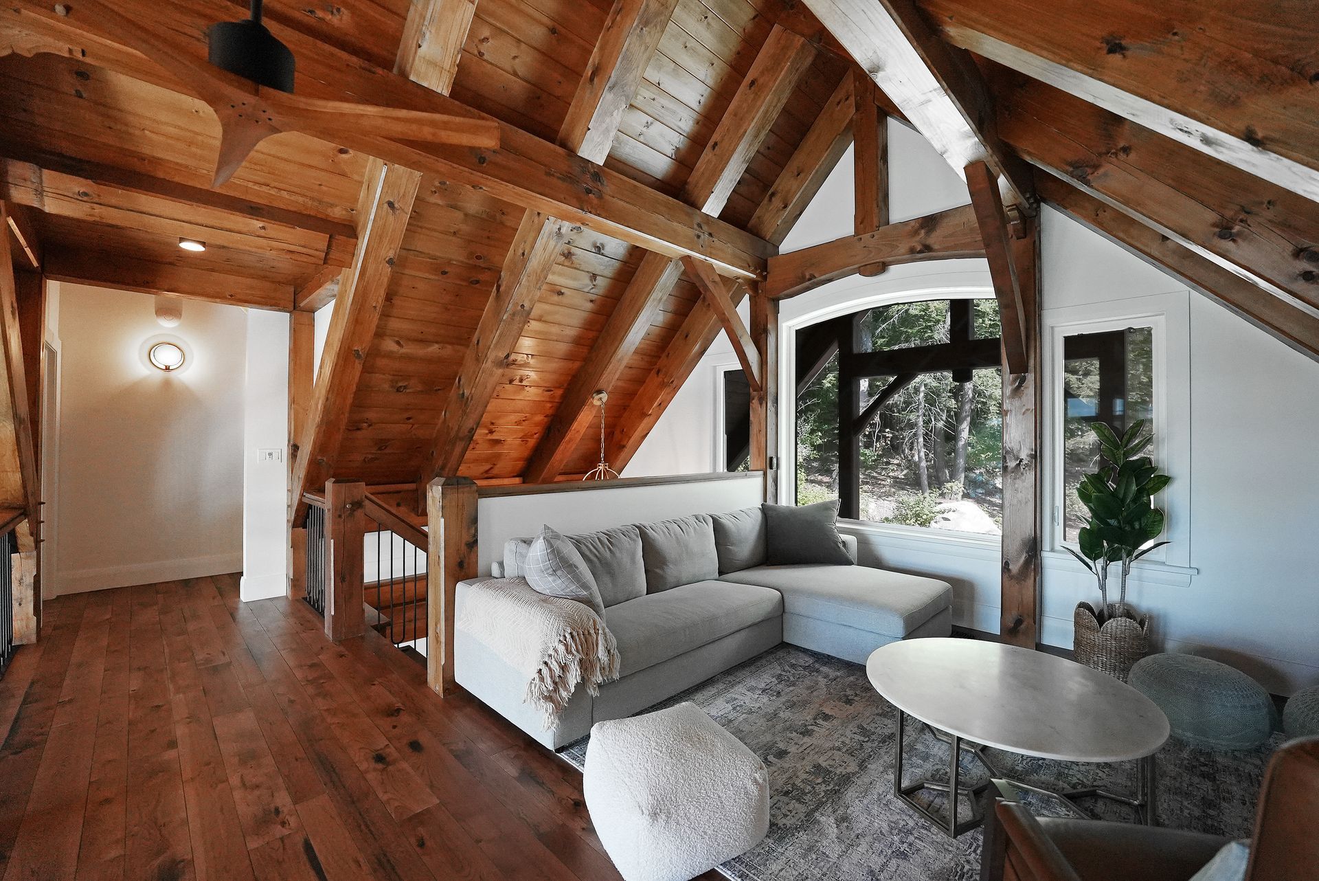 There is a fireplace in the middle of the room.