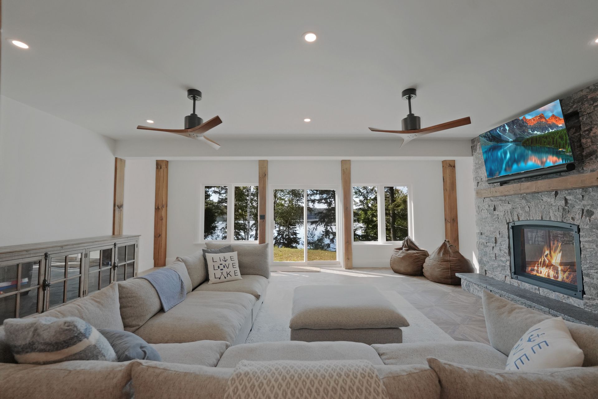 A bathroom with two sinks and a red cabinet