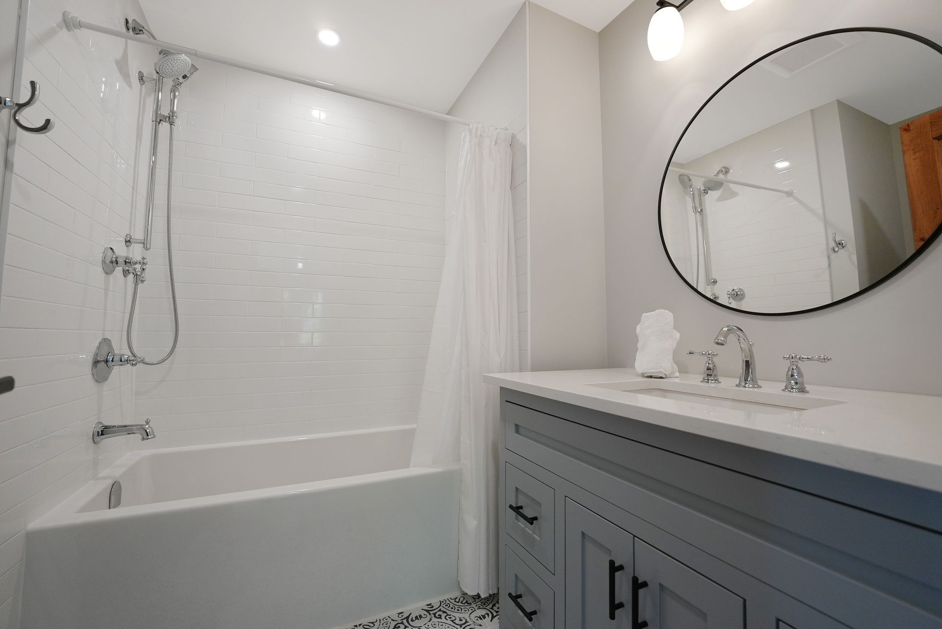 There is a fireplace in the middle of the room.