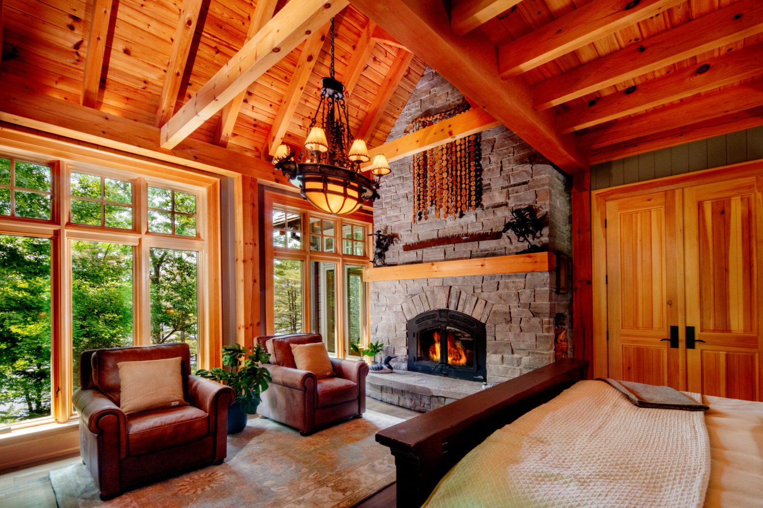 There is a fireplace in the middle of the room.