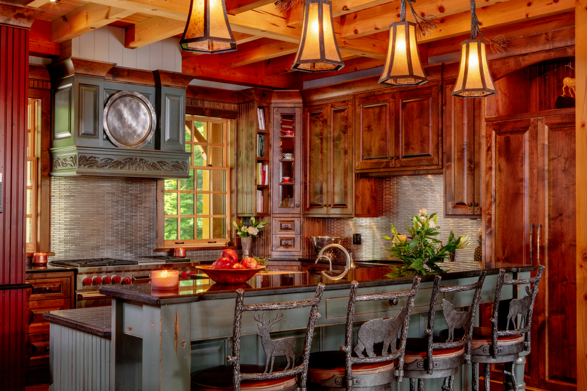 A kitchen with wooden cabinets and a large island