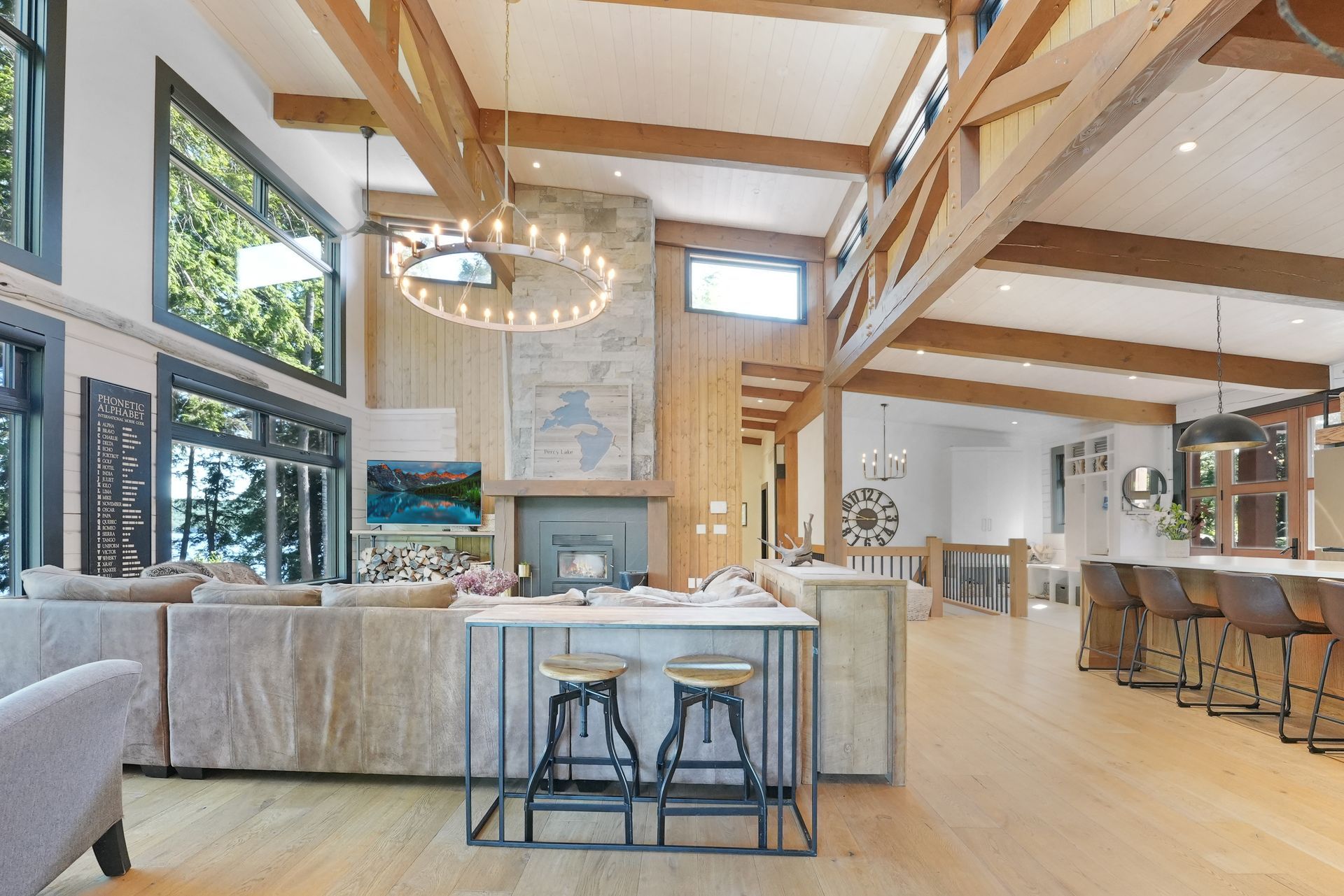 There is a fireplace in the middle of the room.