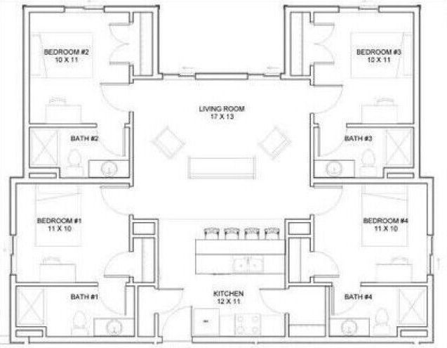 Floor Plan: 4 Bed · 4 Bath · 1,268 SQ. FT.
