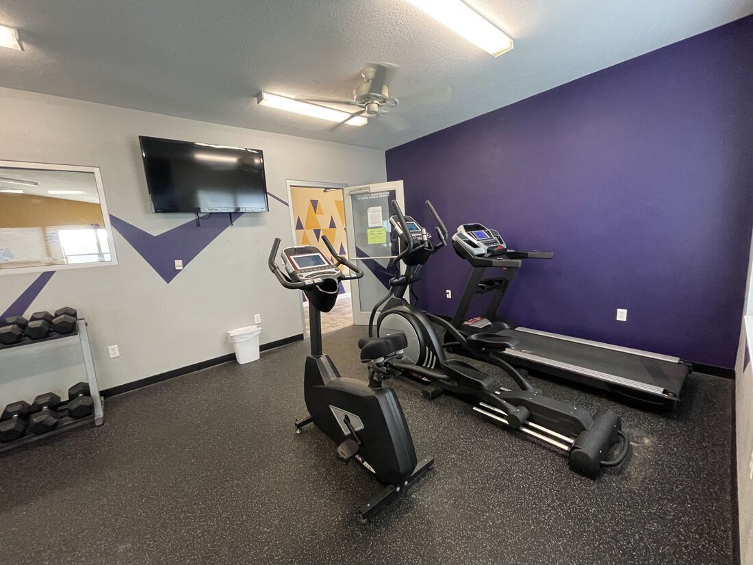 Gym with stationary bike, elliptical, and treadmill. Purple accent wall, TV, weights, mirror.