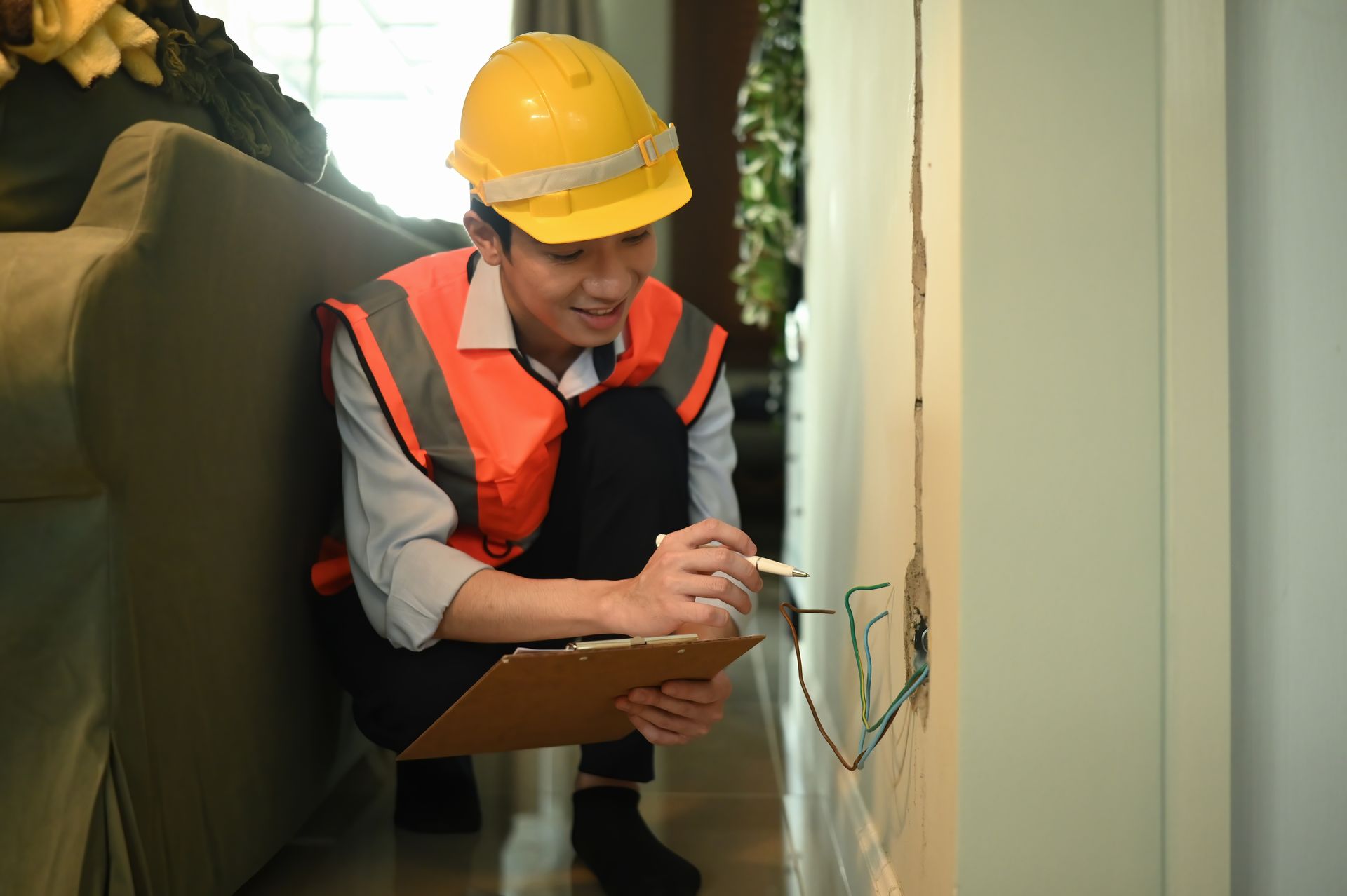 Person in hard hat and safety vest inspecting electrical wires, taking notes on a clipboard near a wall.
