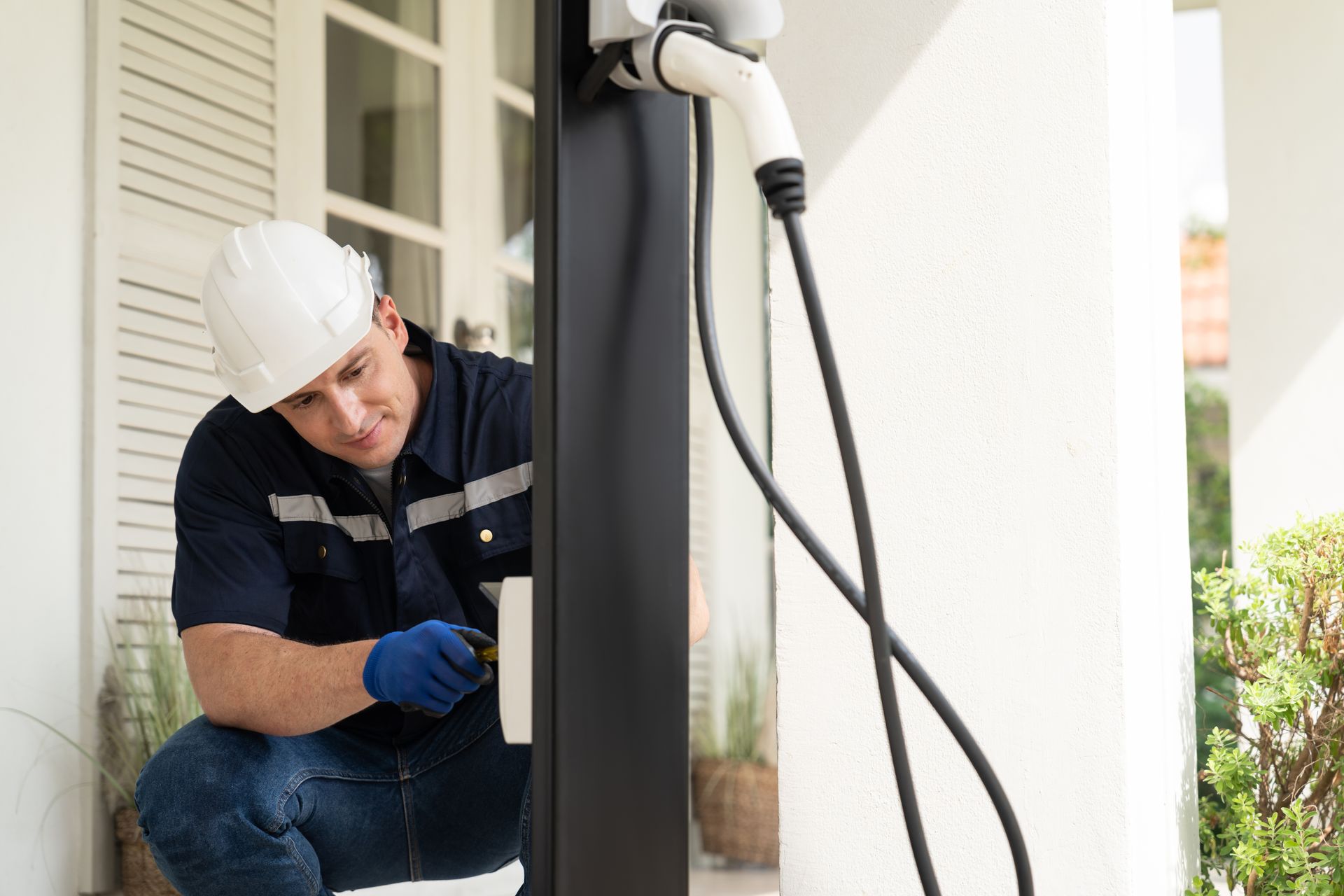 Man in hard hat installing an electric vehicle charger outside a white building.