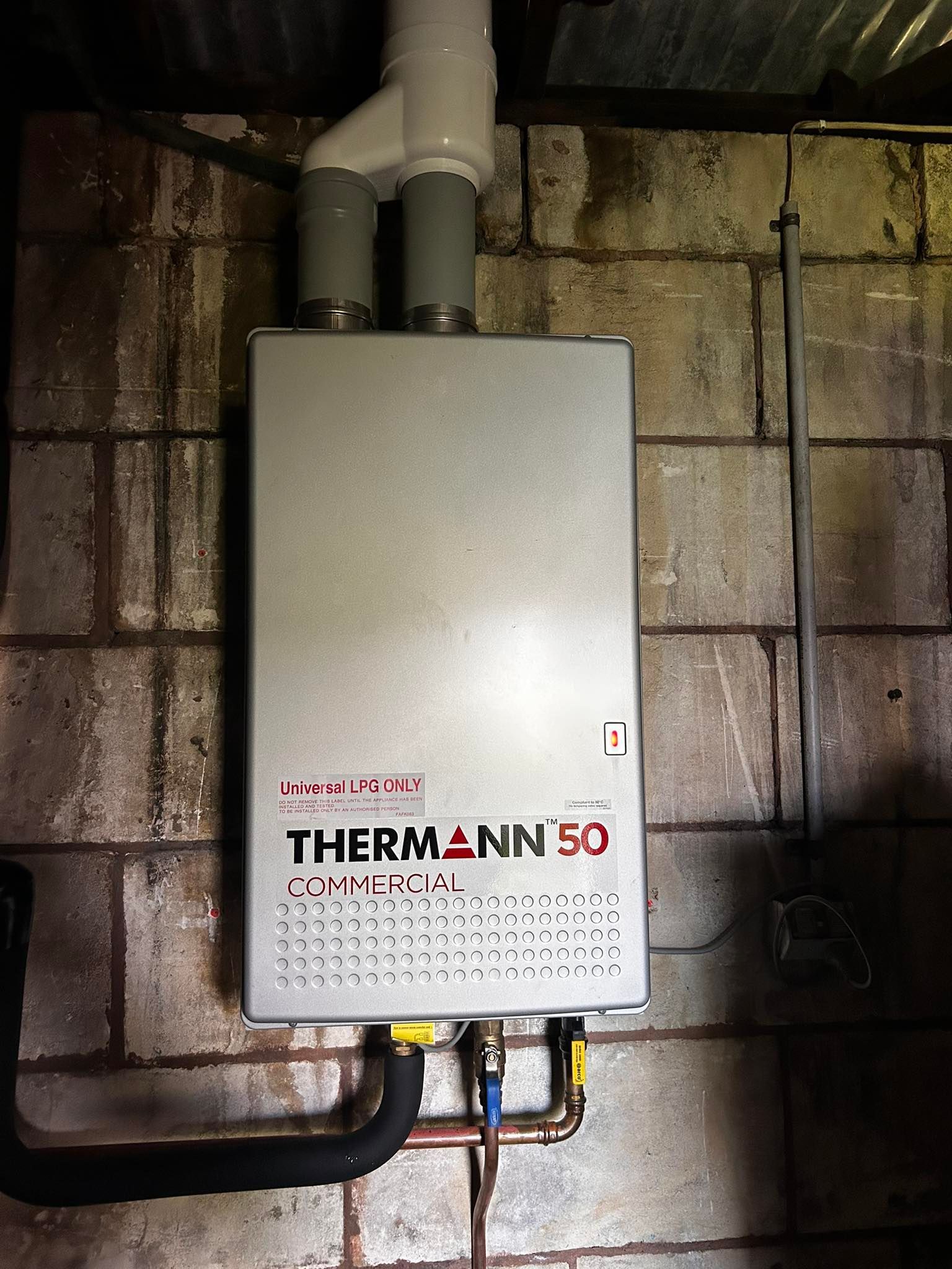 Thermann 50 water heater mounted on a cinder block wall, with pipes connected.