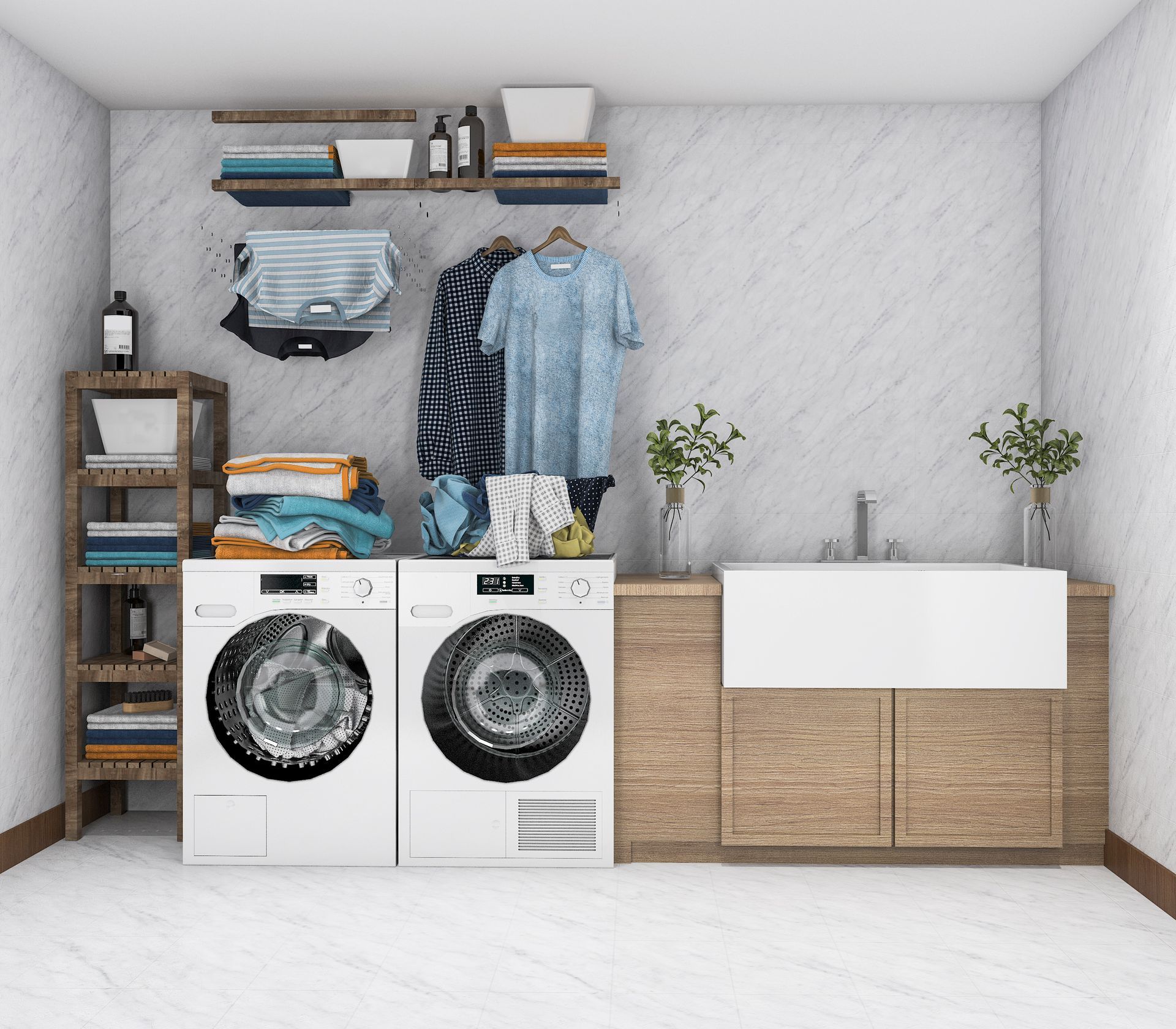 Laundry room with white appliances, wooden shelves, and a large sink.