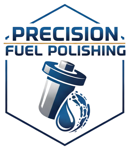 Logo for Precision Fuel Polishing: Blue and silver filter with fuel droplet, inside a hexagon.