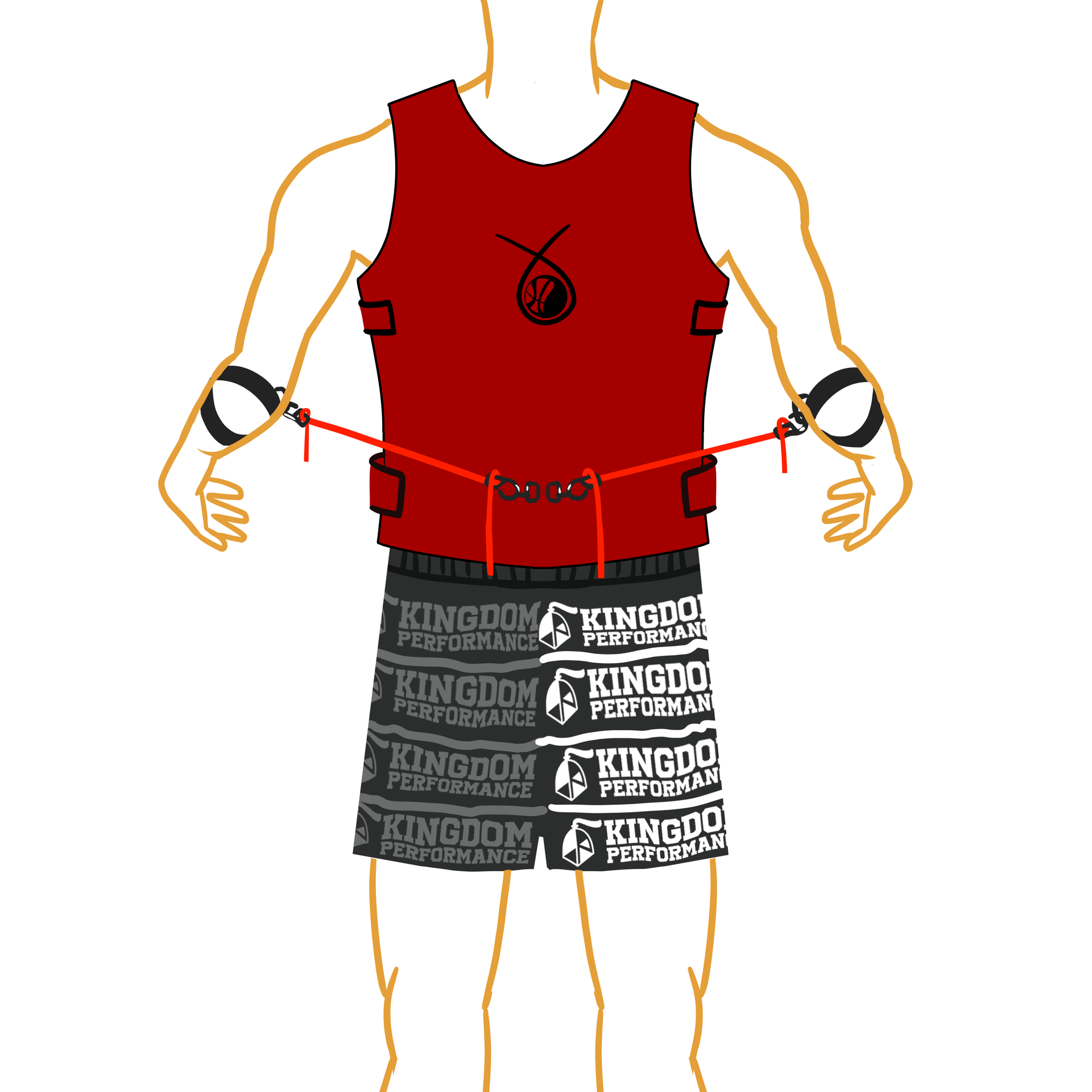 Person in red training vest and shorts, attached by bands to arm straps.