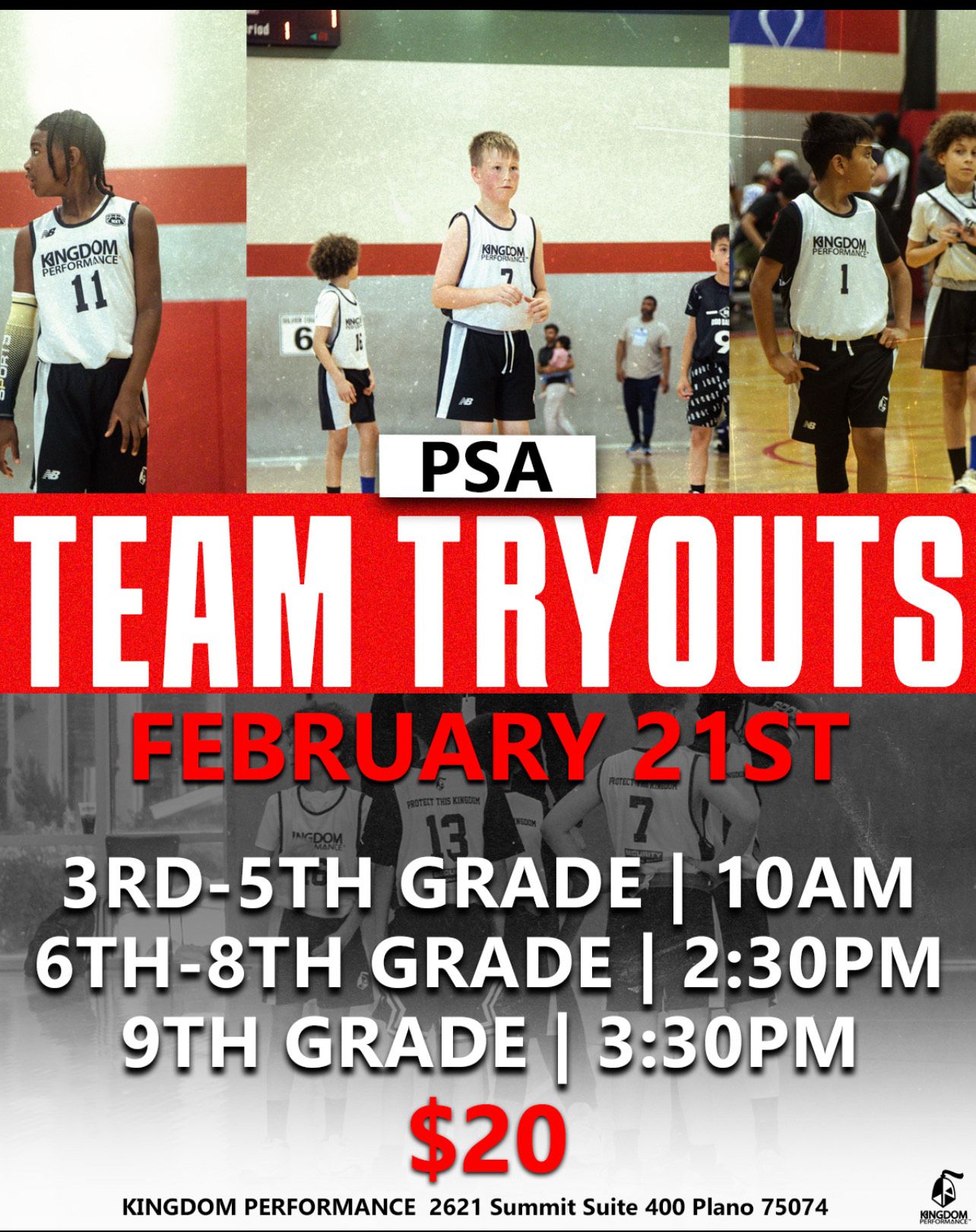 Basketball team tryout flyer for PSA. February 21st tryouts for grades 3rd-9th, with times listed. $20 fee.