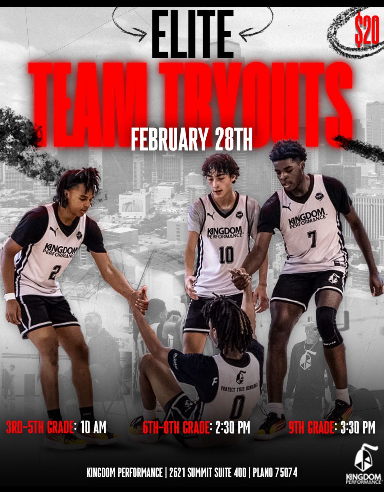 Basketball team tryouts flyer, February 28th. Players in black/white uniforms. Grades 3-5 at 10 AM, 6th-8th at 2:30 PM, 9th at 3:30 PM.