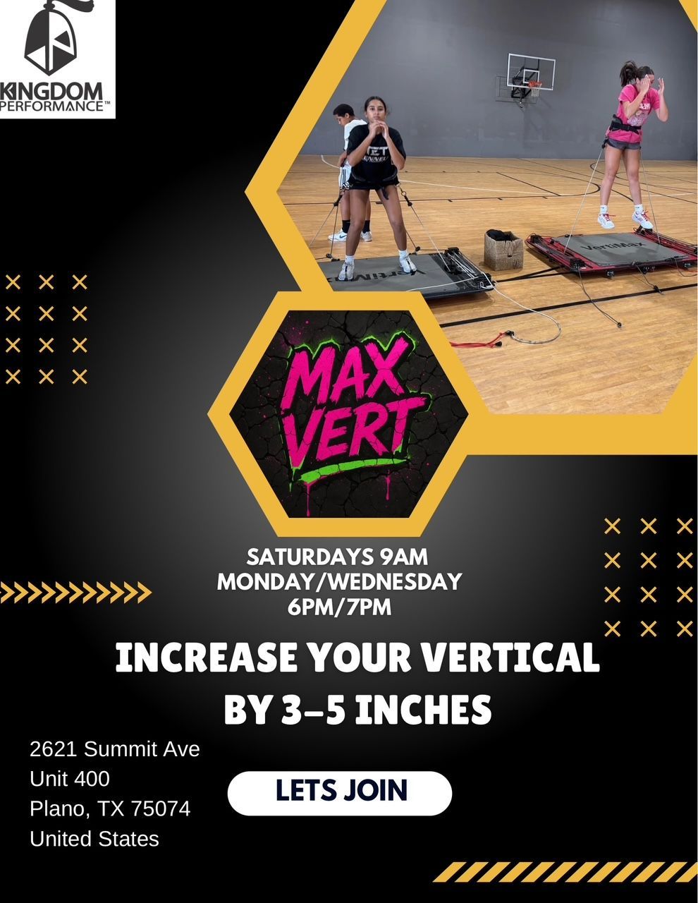Flyer promoting Max Vert fitness classes. Features people working out, class times, and location in Plano, TX.