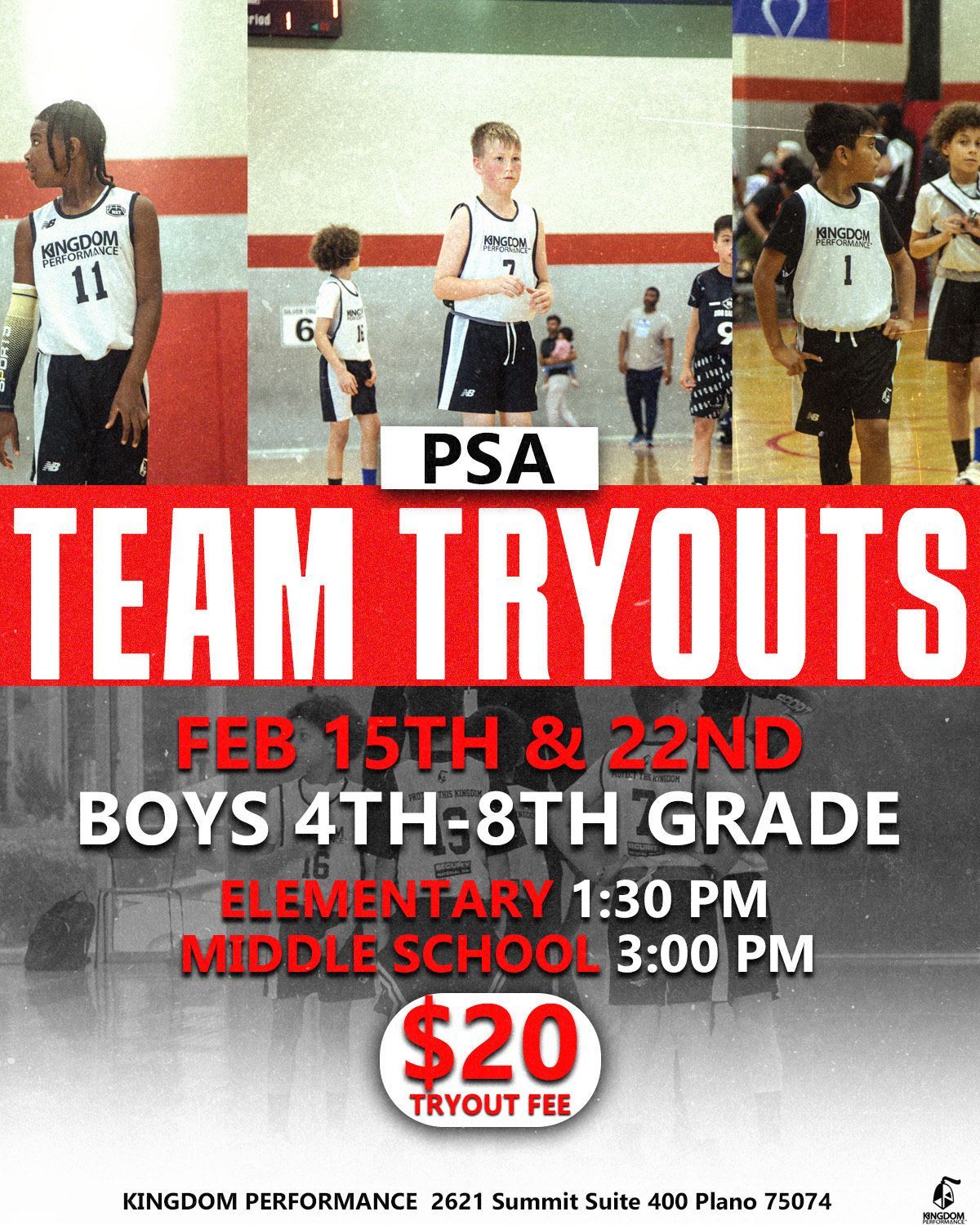 Basketball team tryouts for boys in grades 4-8 on Feb 15 & 22. Elementary 1:30 PM, MS 3:00 PM.